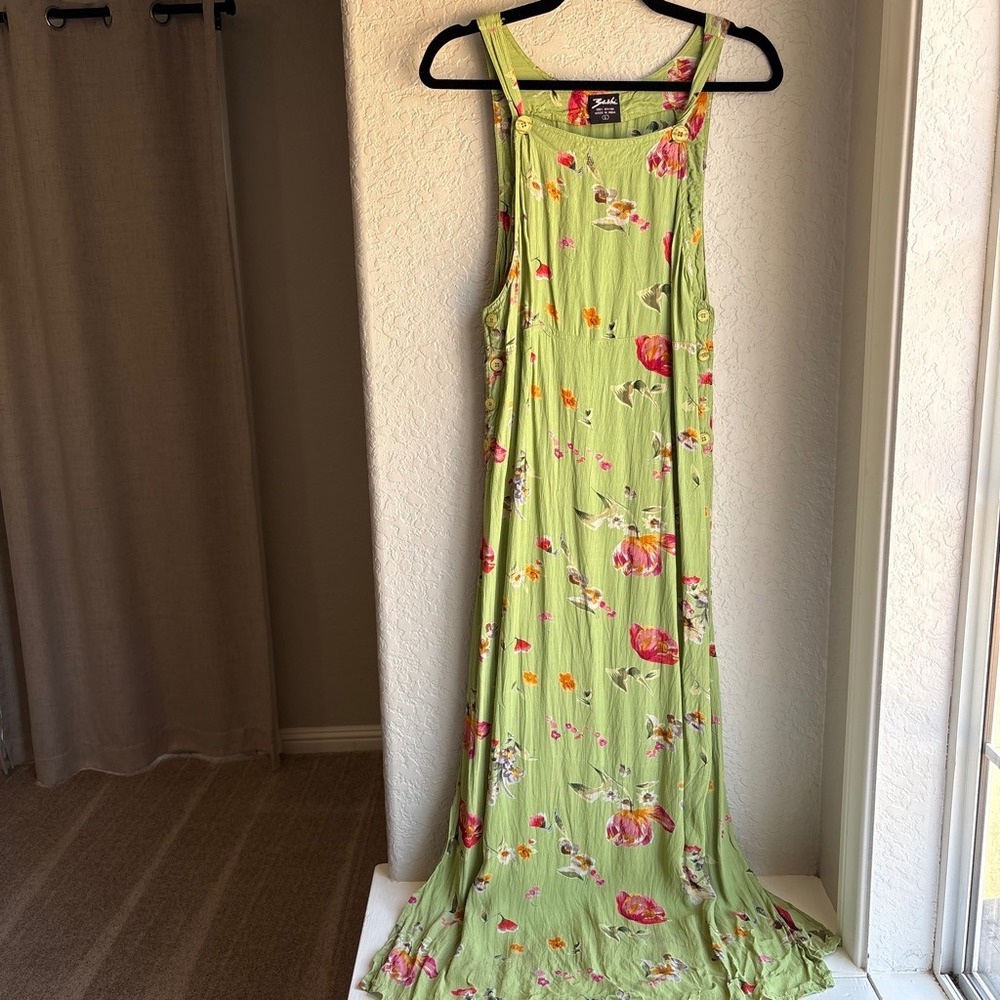 Women L Floral Maxi Dress Vintage 90s Y2K Overall Green Boho Fairycore Garden